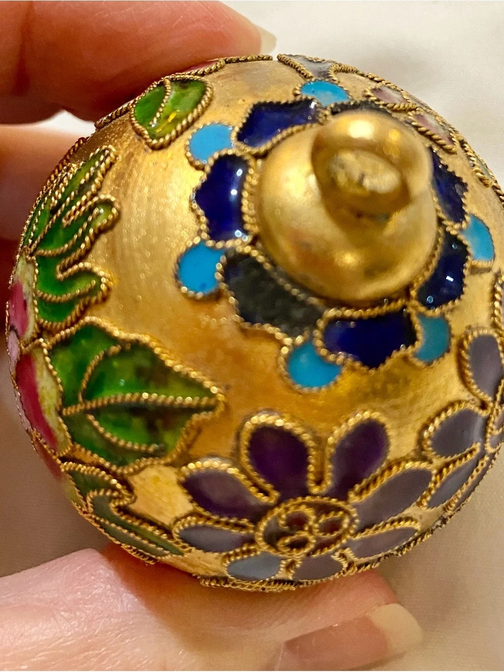 Beautiful Vintage Cloisonné Christmas Ornament Gold, Purple Pink & Green Flowers